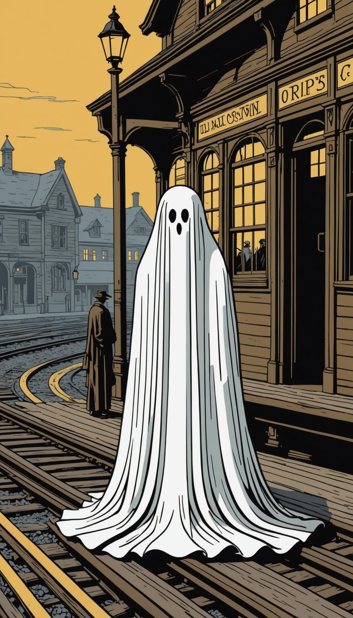 Sheet Ghost Waits at Train Station