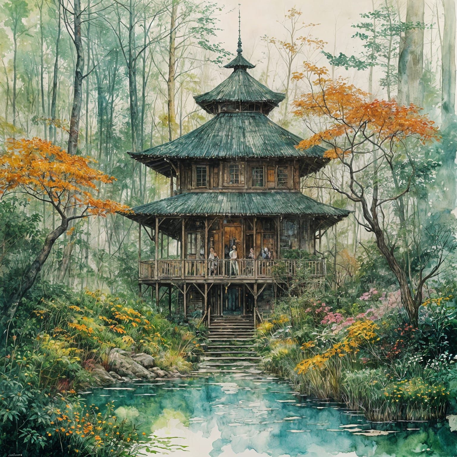 Lush Wildlife Scene in Gouache and Watercolor