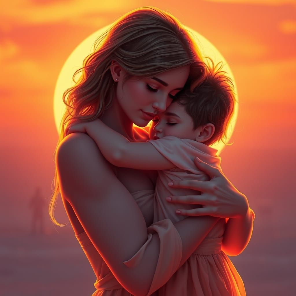 "Ein Sonnenuntergang voller Liebe: Mutter und Kind in inniger Umarmung, eingefangen im goldenen Licht der Dämmerung."
