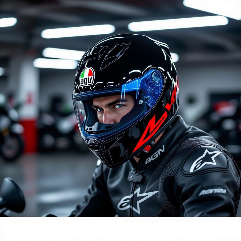 Biker in Helmet, Hyperrealistic Cinematic Lighting