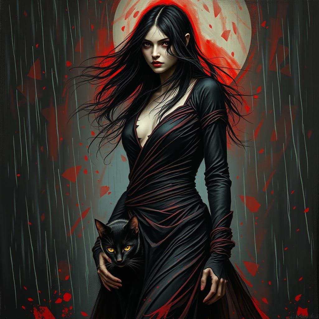 Dark Mystical Vampire Goddess with Cat in Stormy Night