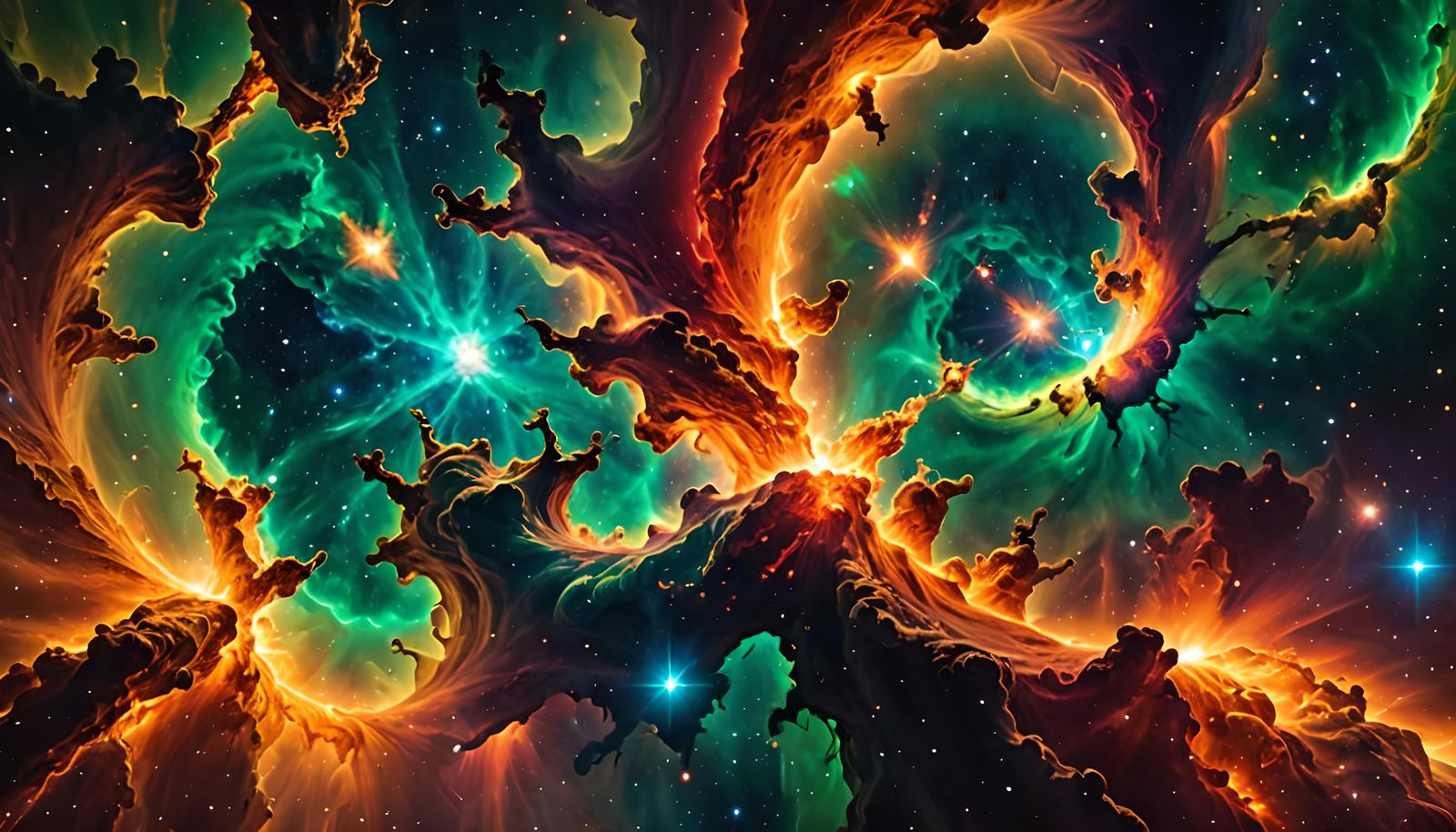 Cosmic Firestorm: Galaxies Collide in Astral Nebula