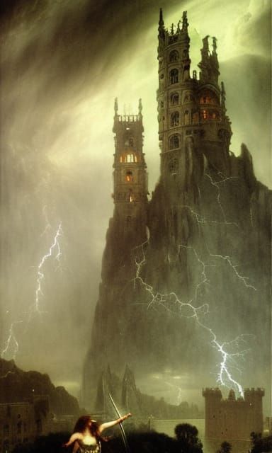 Gothic Castle Thunderstorm in Romantic Art Style