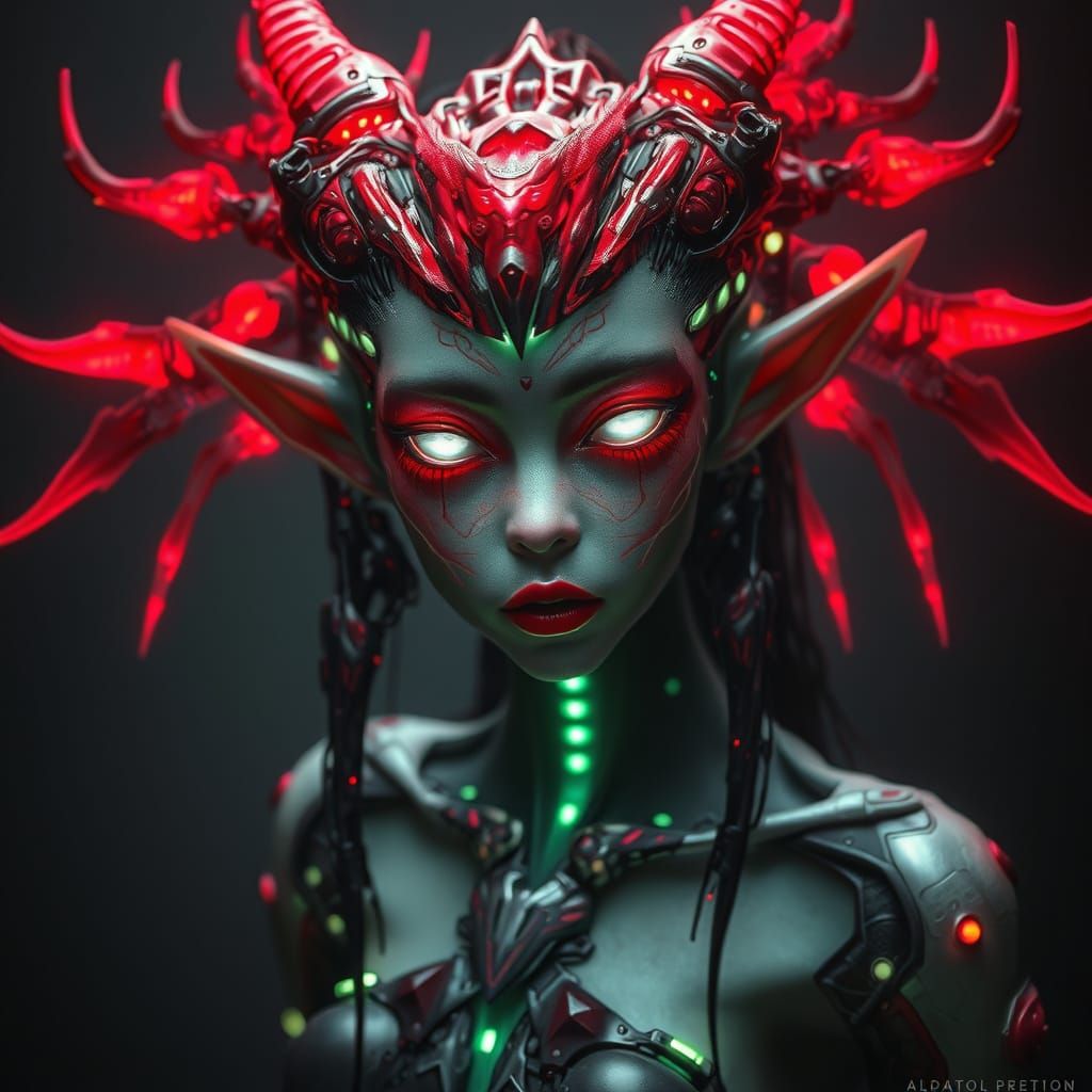 Ethereal Ruby Elf in Dark Futuristic Landscape