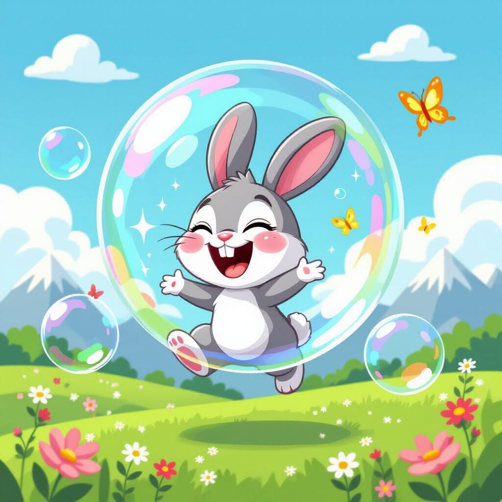 Cheerful Cartoon Bunny in a Bubble