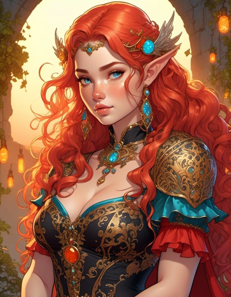 Comicbook Portrait of Freckled Woman Warrior at Sunrise