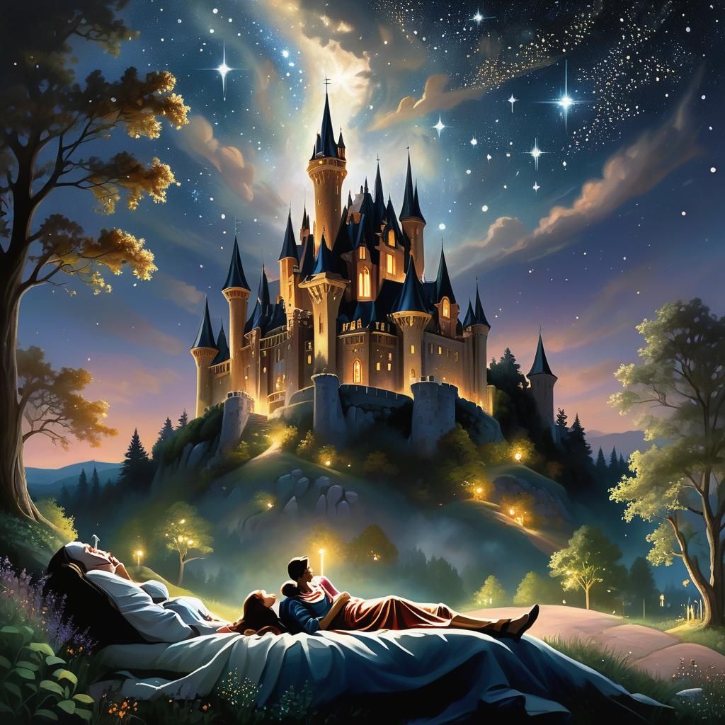 Couple Gazing at Stars in Cell-Shaded Landscape