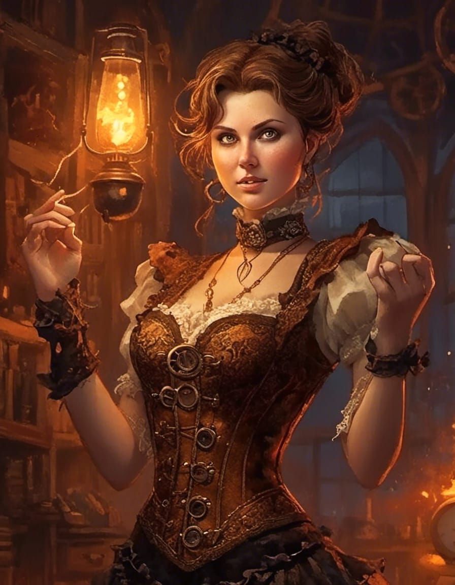 Steampunk Girl Holding Burning Flash Drive