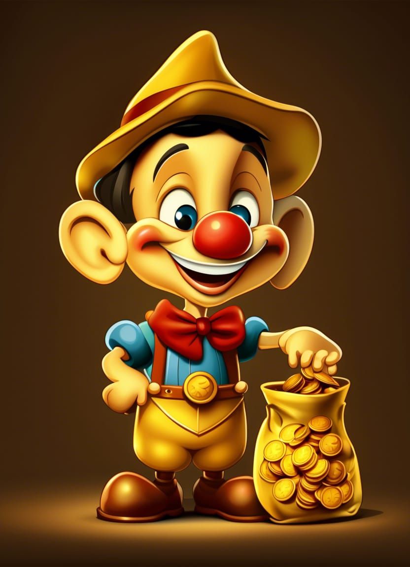 Pinocchio Offers Golden Coins in Disney Cartoon Style