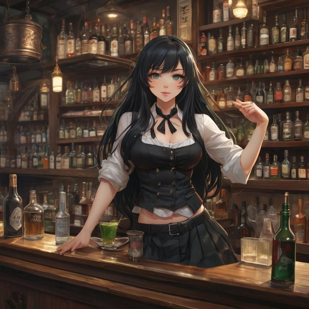 Anime Style: Bartender with Long Hair and Green Eyes