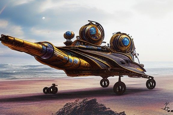 Steampunk Spaceship Parked on a Beach at Dawn
