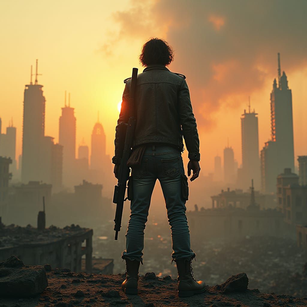 Post-Apocalyptic Survivor in Ruined Cityscape