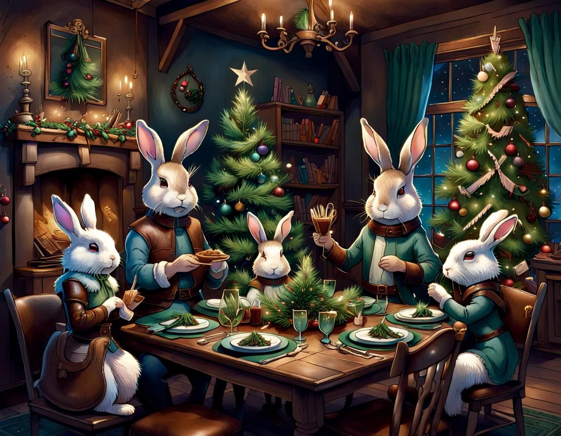 Rabbit Family Christmas Celebration in Fantasy Library