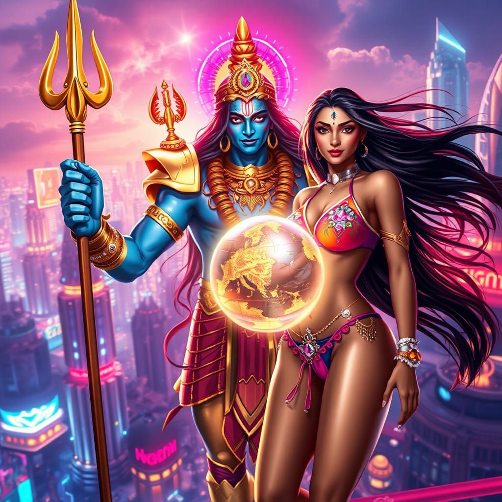 Sci-Fi Vishnu and Woman Descend on Sky Town