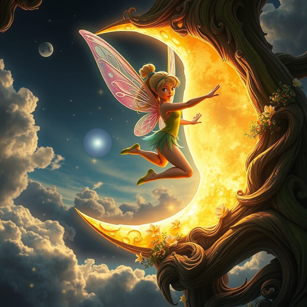 Tinkerbell Leaps Through Moon: Digital Illustration