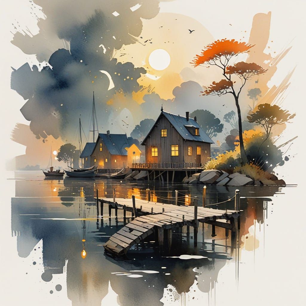 Tranquil Village Scene with Warm Sunset and Charming House