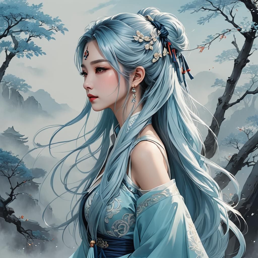 Fairyland Beauty with Flowing Hair in Chinese Style