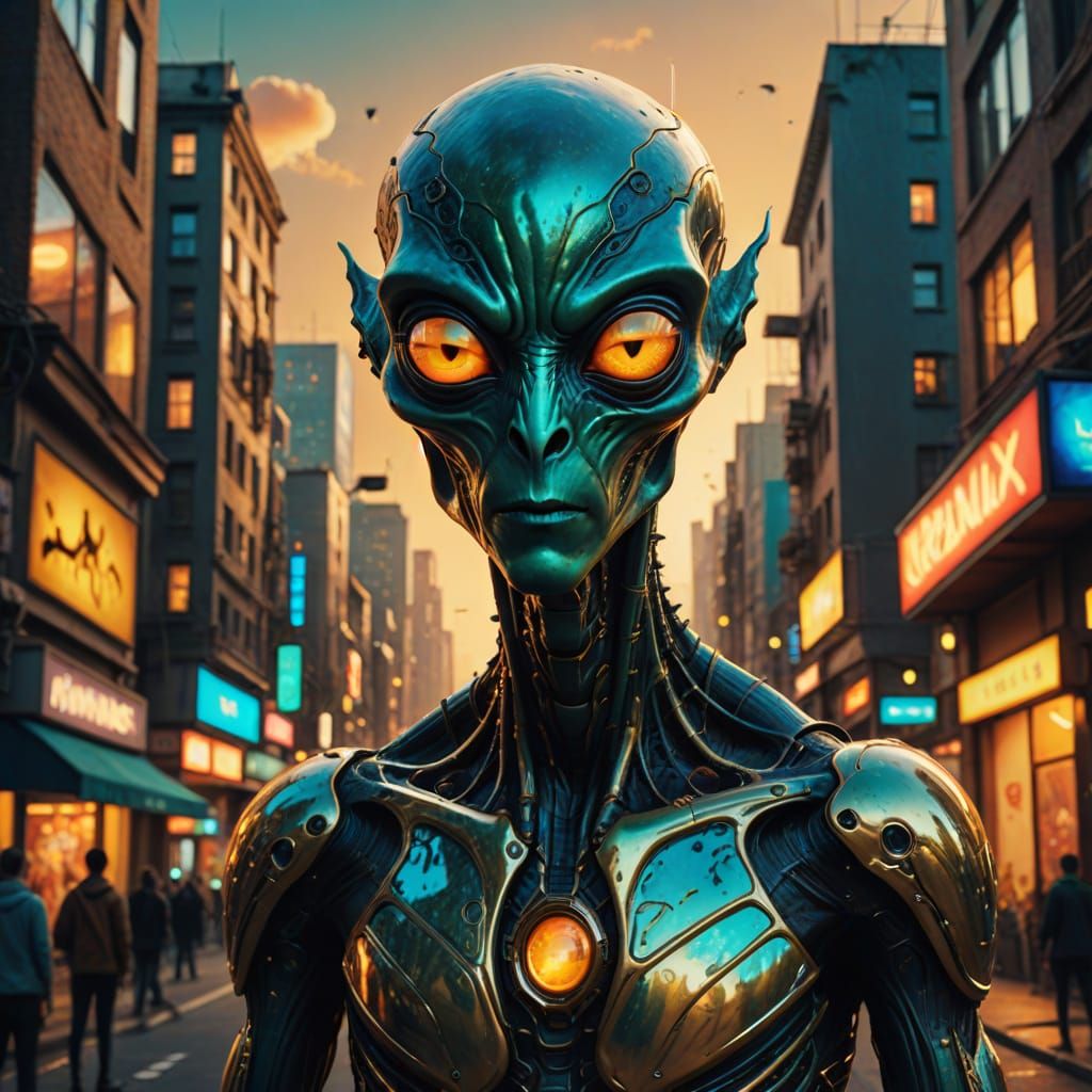 Surreal Alien in Cityscape as Digital Art
