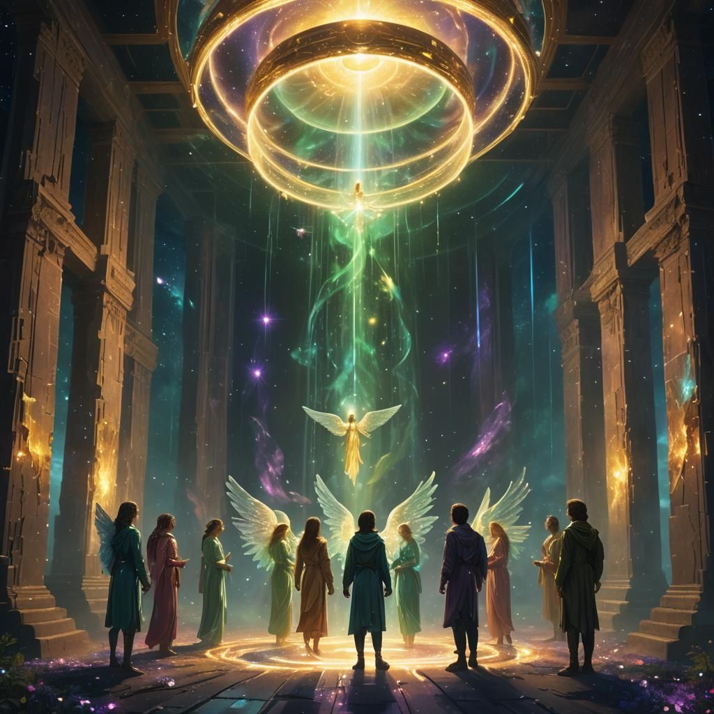 Angels Explain the Tesseract in Cosmic Art