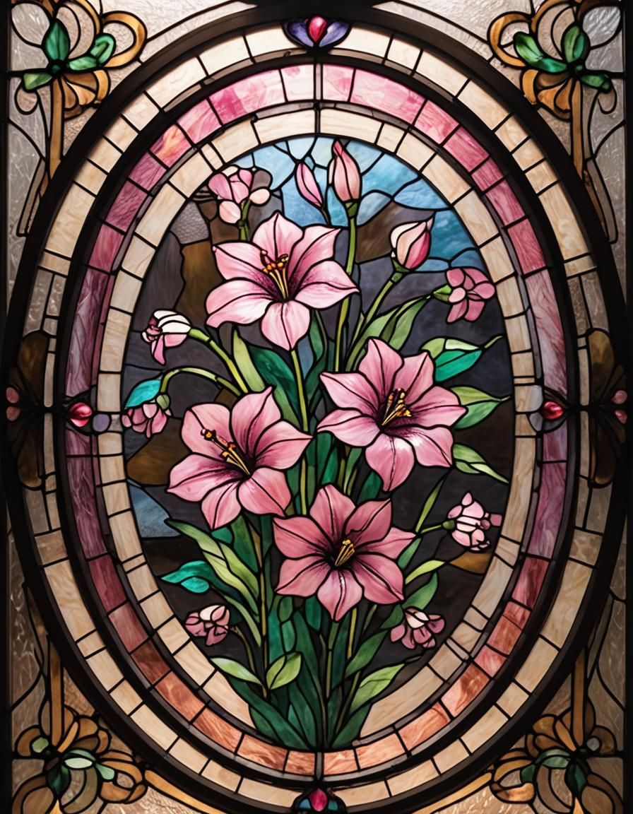 Pink Flower in Stained Glass Art Nouveau Style