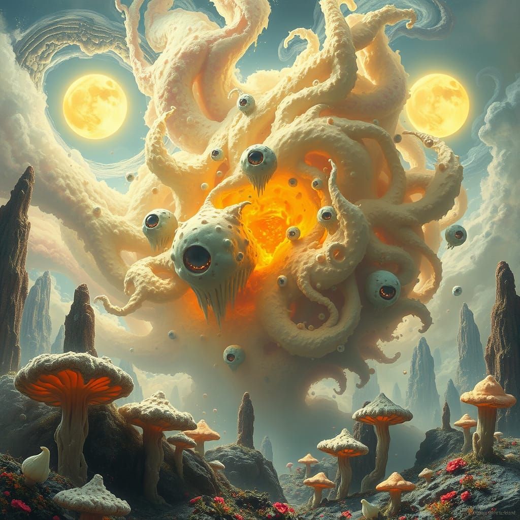 Cosmic Cheese Entity in Alien Landscape