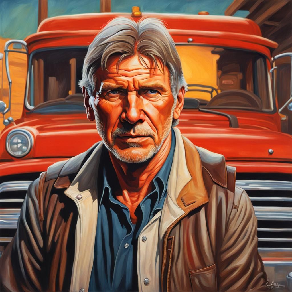 Harrison Ford Portrait with Ford Truck, Hyperrealistic Art