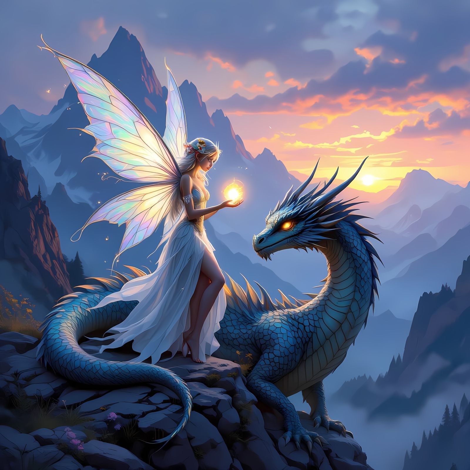 Fairy Hovers With Dragon in Mountain Landscape