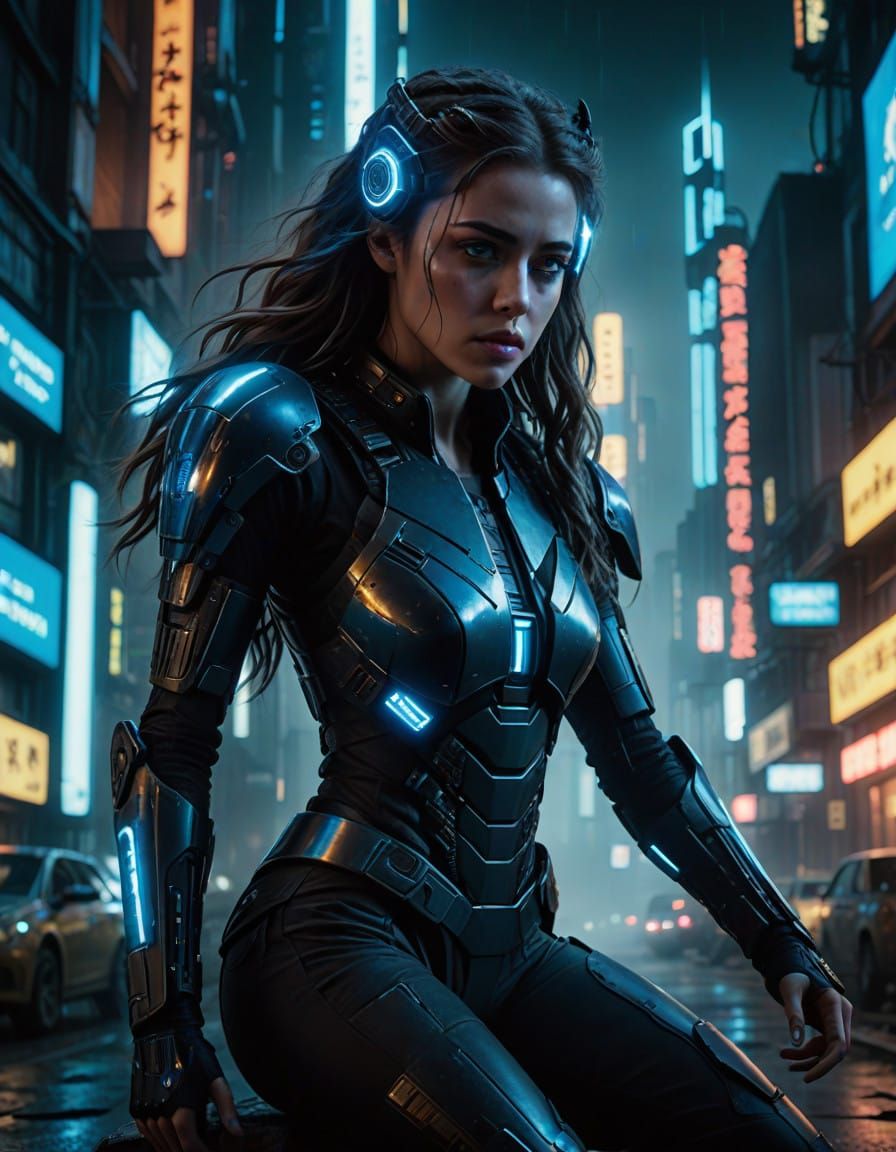 Cyberpunk Android Warrior in Glowing Halo