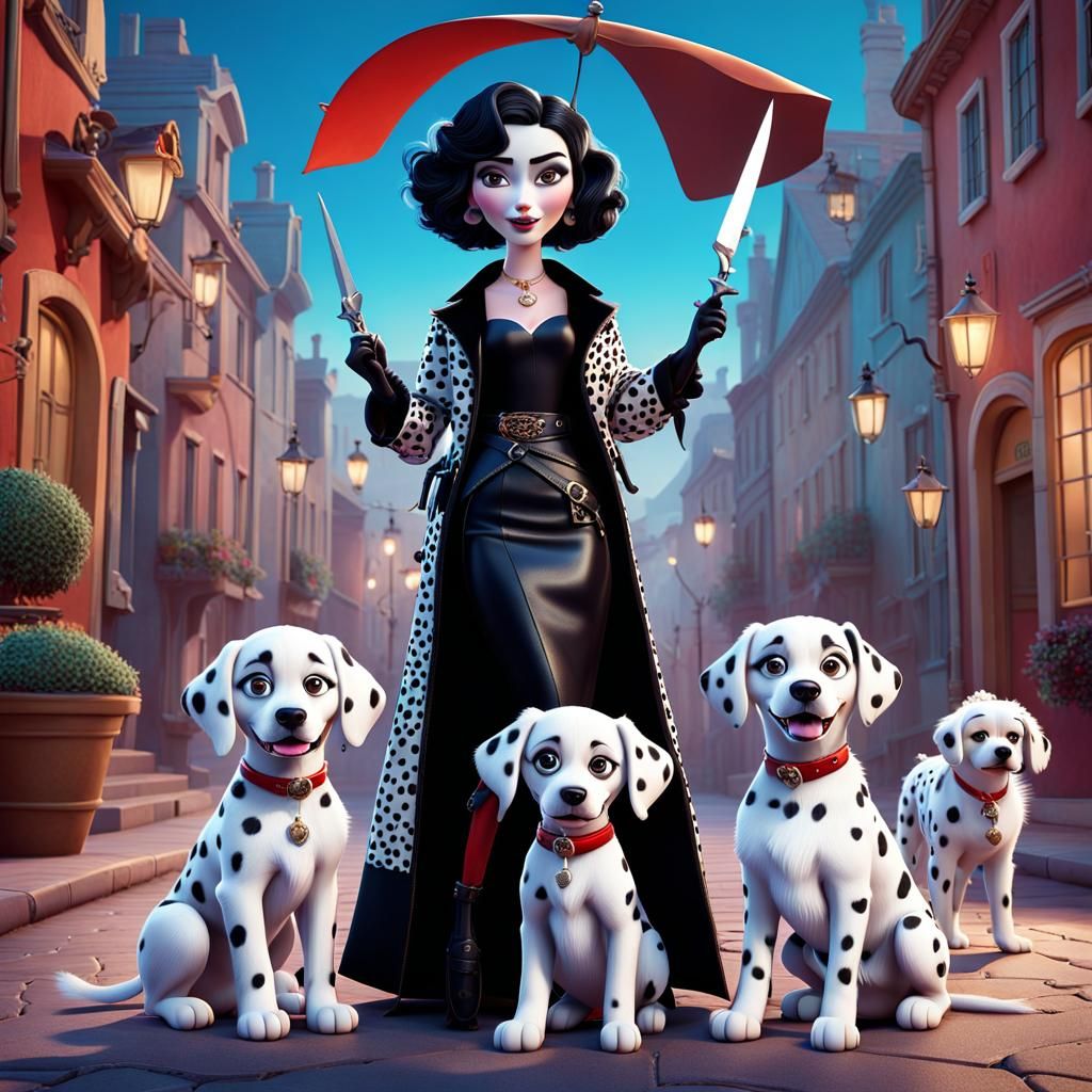 Cruella Deville with Puppies: 3D Digital Art
