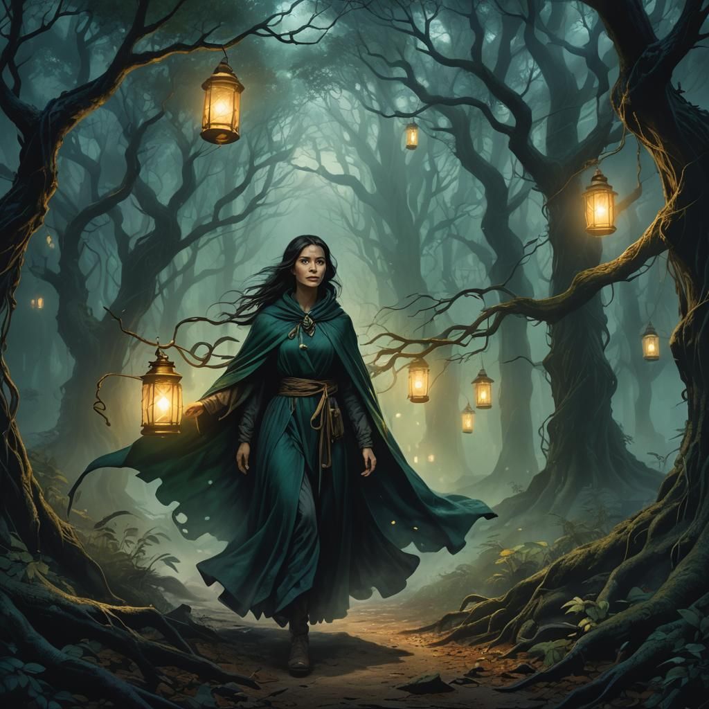 Eerie Lantern Girl in Misty Forest: Fantasy Art