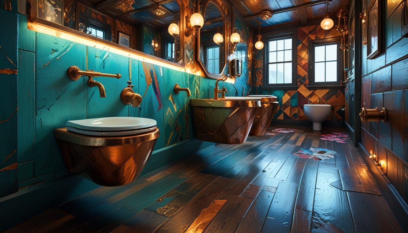 Steampunk Bathroom Odyssey in Vibrant Escher-Inspired Style