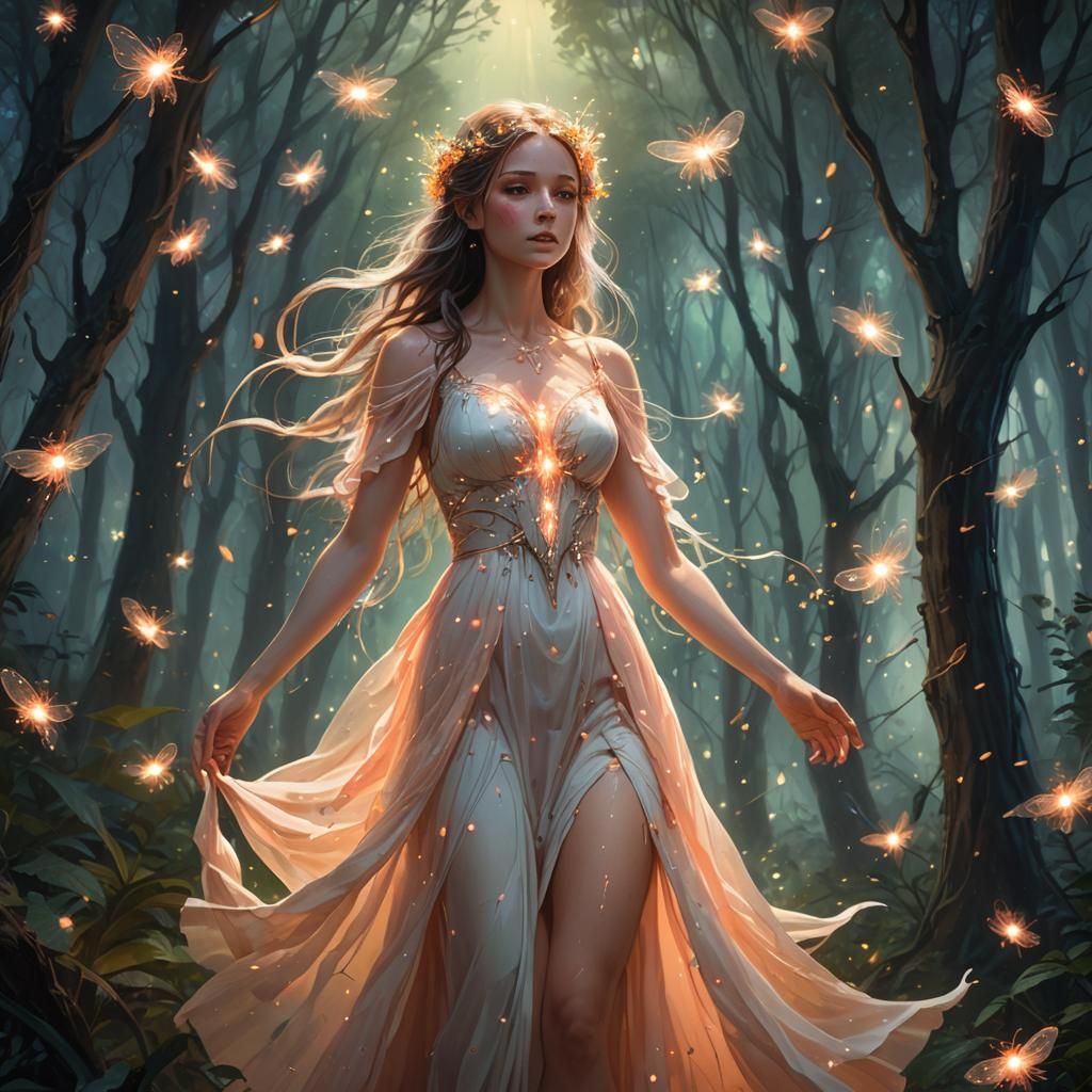 Mystical Forest Guardian Surrounded by Fireflies