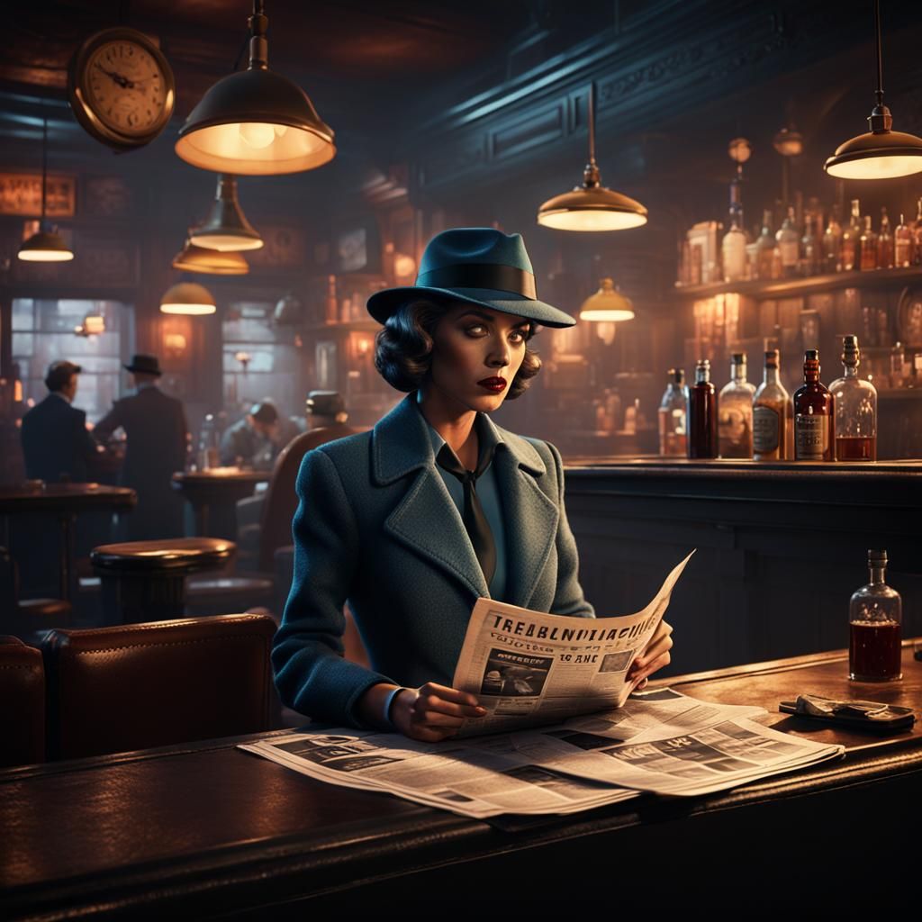 Film Noir Detective in Smokey Bar, Detailed Painting