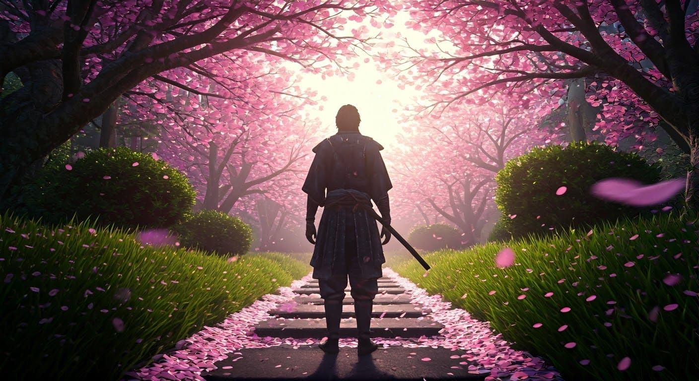 Serene Samurai in Cherry Blossom Garden