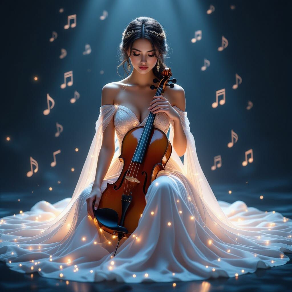 Woman in Gown of Glowing Violin Strings