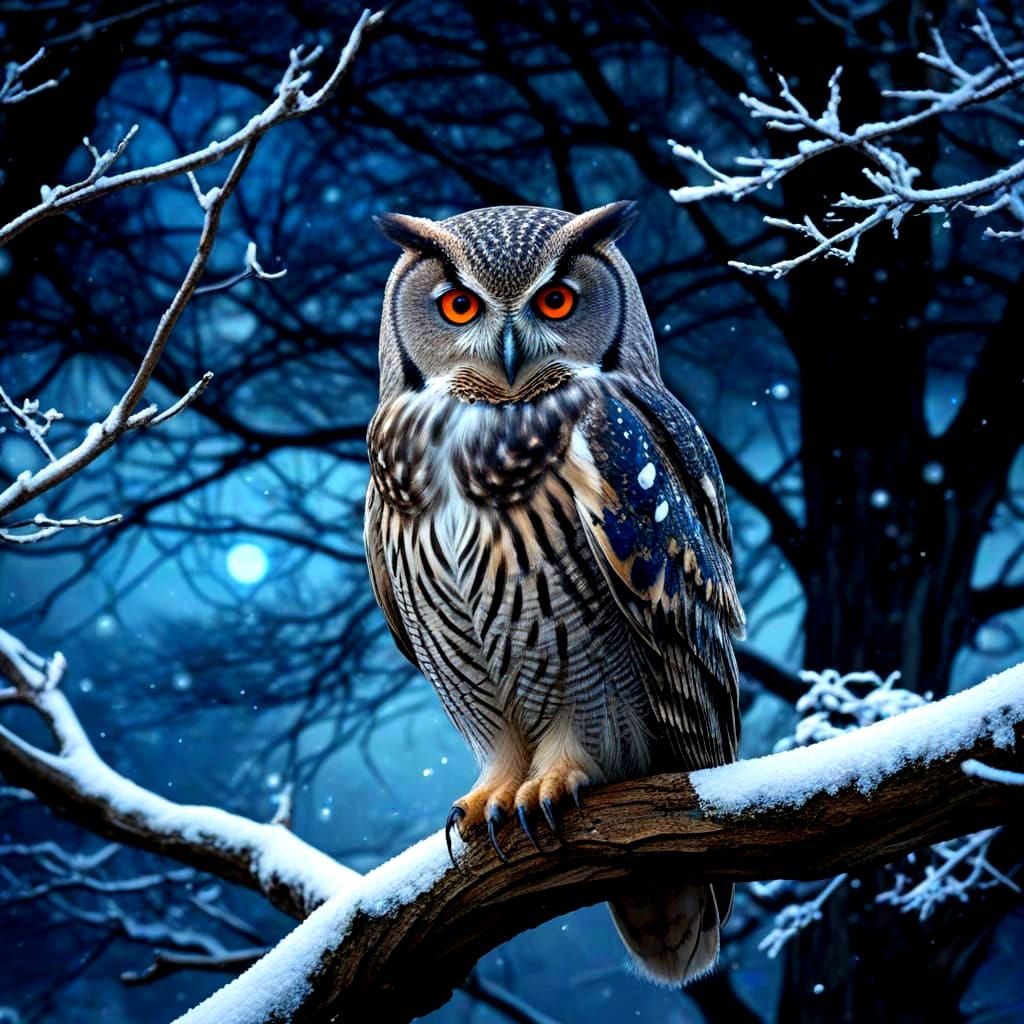 Blue Fire Owl in Snowy Graveyard, Watercolor Art