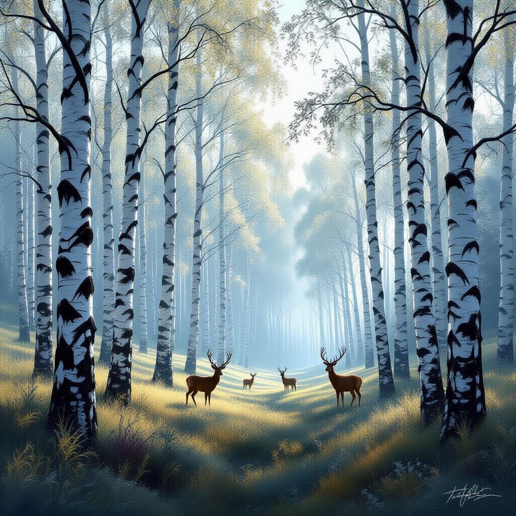 Otherworldly Birch Valley with Silent Deer