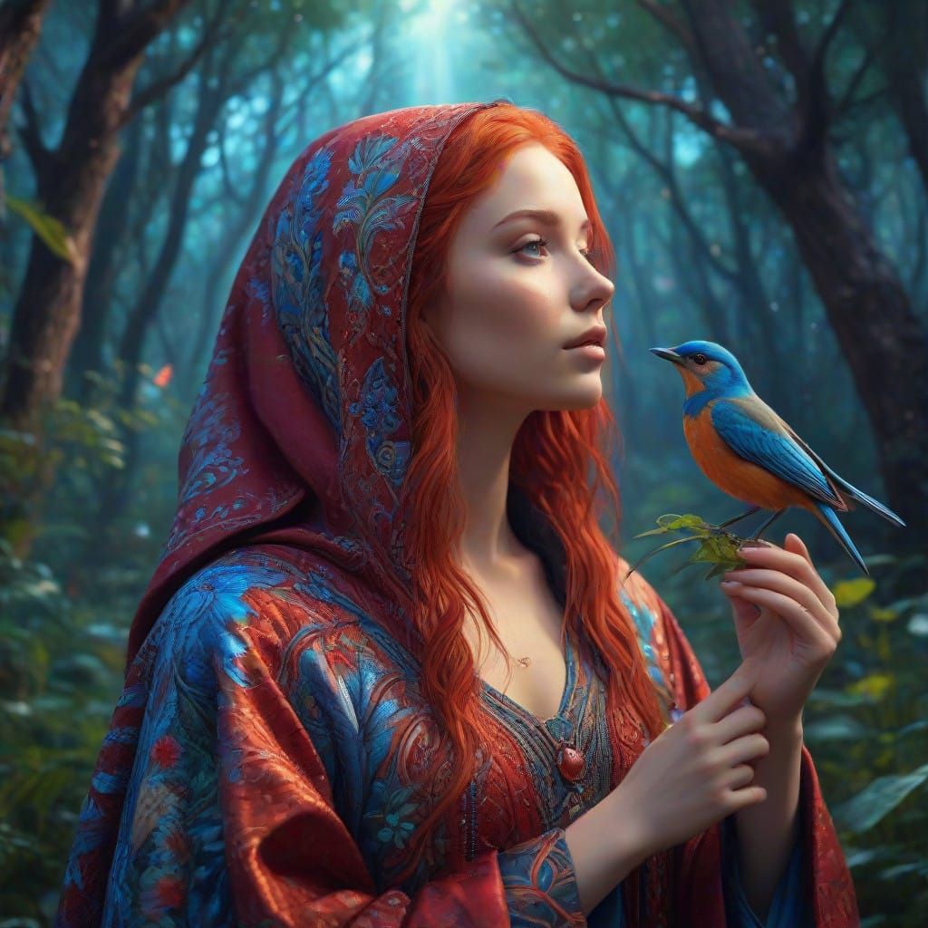 Majestic Red-Haired Goddess Amidst Iridescent Forest