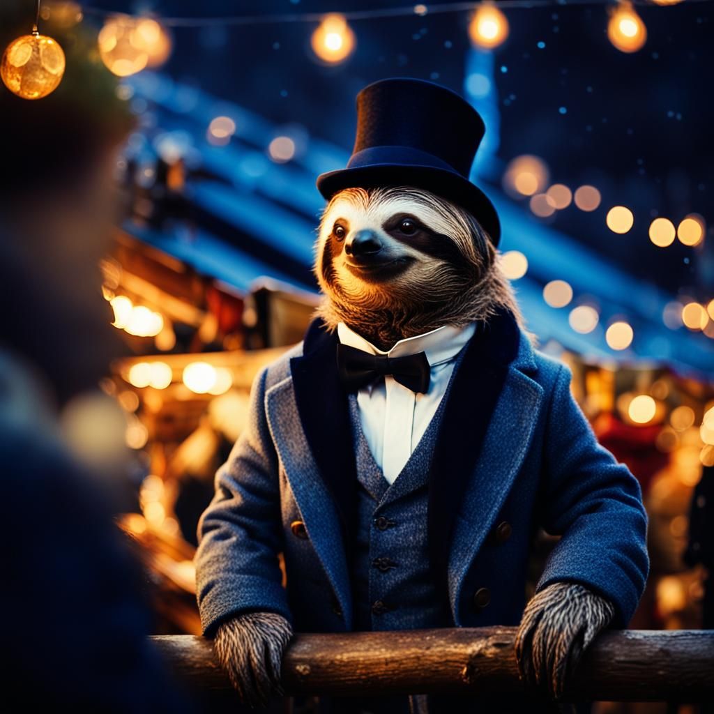 Sloth Visits Christmas Market in Cinematic Style
