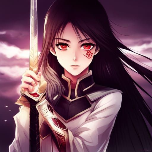 Anime Woman with Sword, Red Eyes, Black Hair