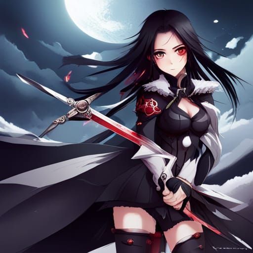 Anime Woman with Sword, Red Eyes, Black Hair
