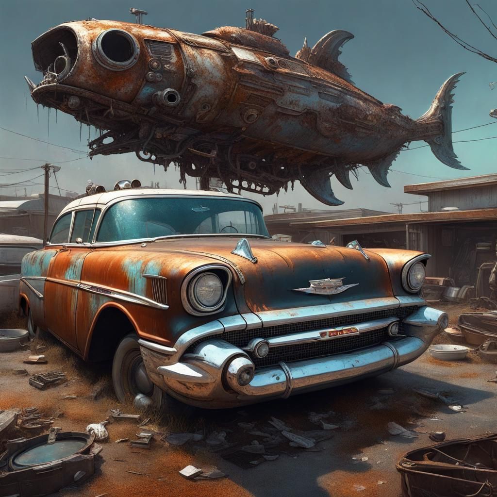 Decaying Fish Spaceship and Rusty Chevy: Dark Fantasy Art