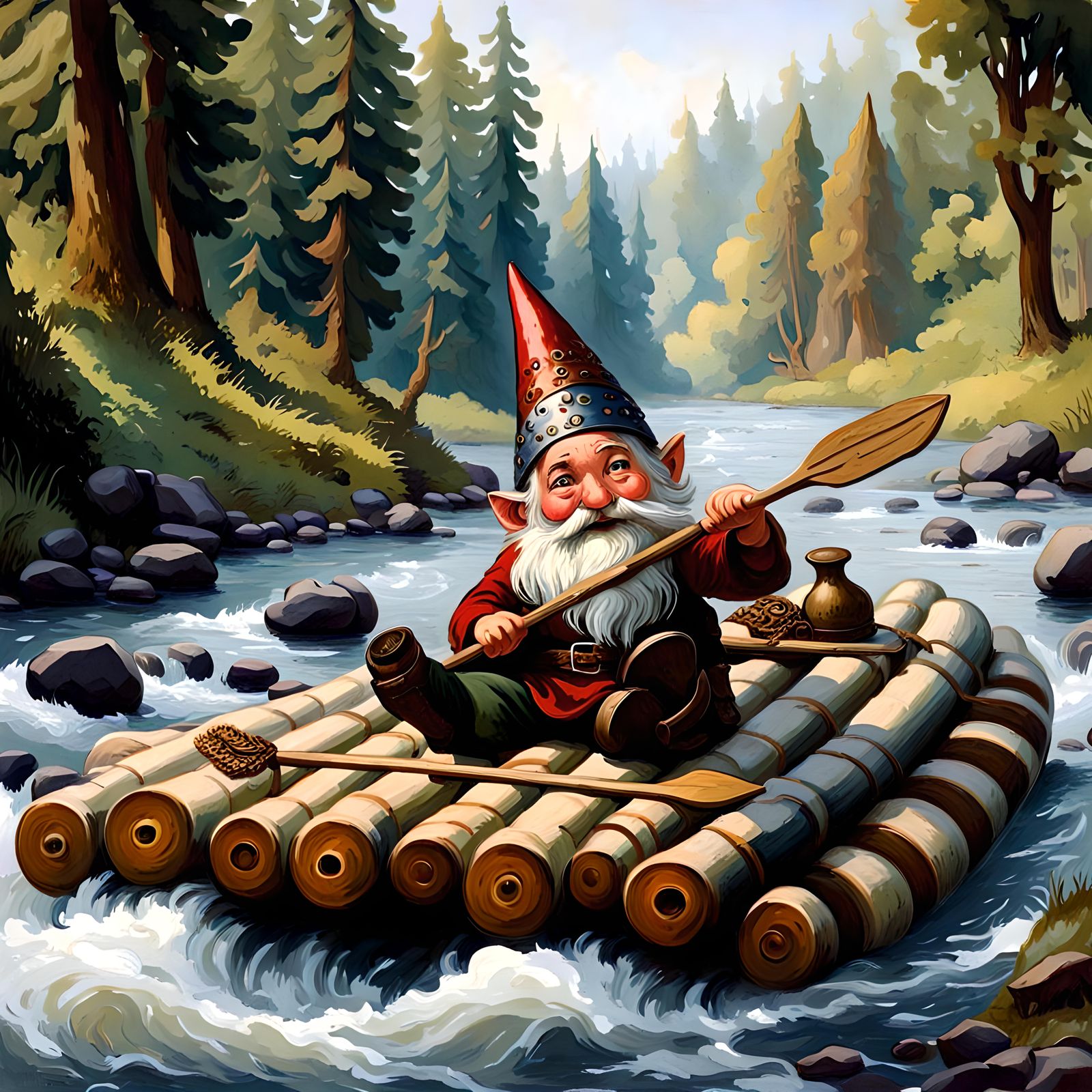 gnome rafting down the river, fantasy art of the late 19th, ...