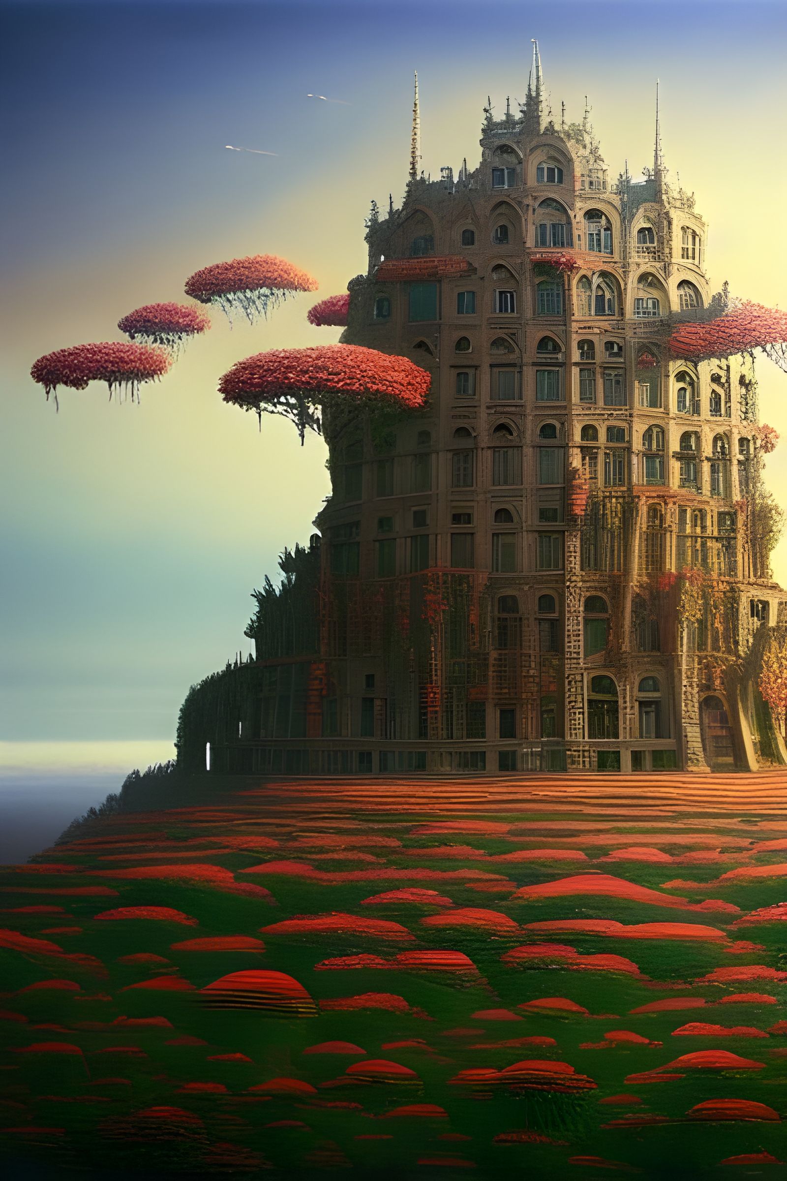 Surreal Floating Building Covered in Flowers