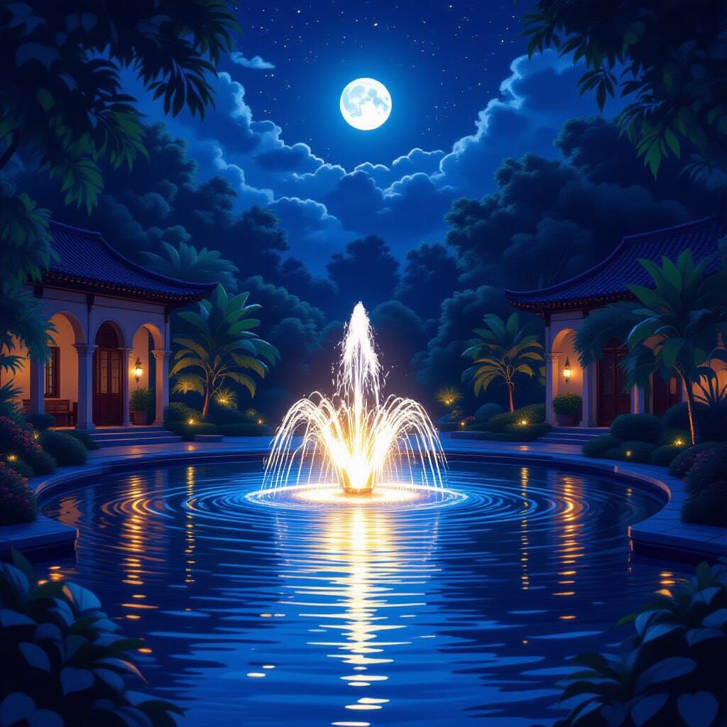 Moonlit Fountain in Courtyard: Digital Painting Aesthetic