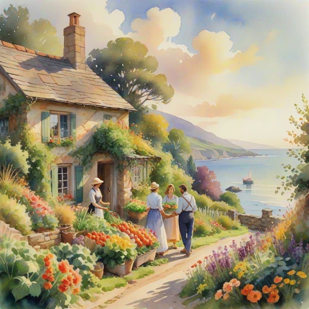 Impressionistic Cottage Garden Scene in Watercolor Style