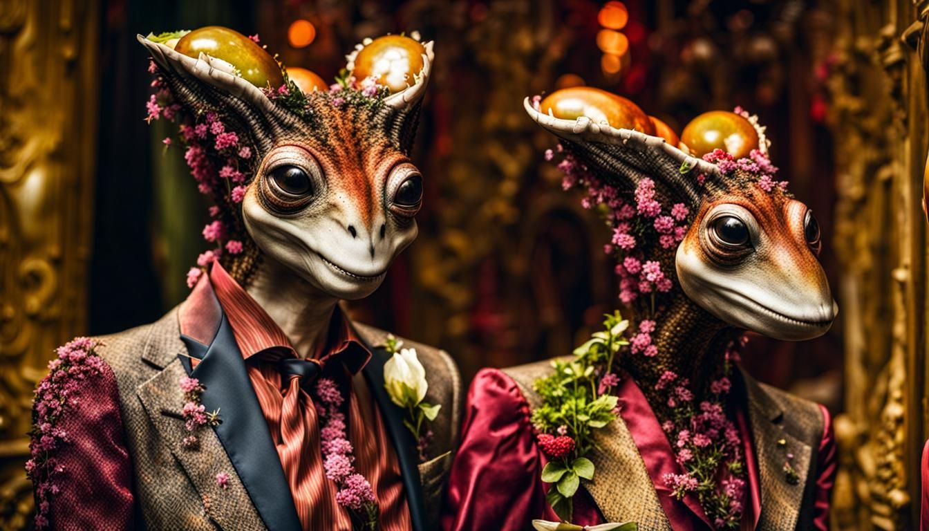 Surreal Restaurant Scene with Exotic Aliens