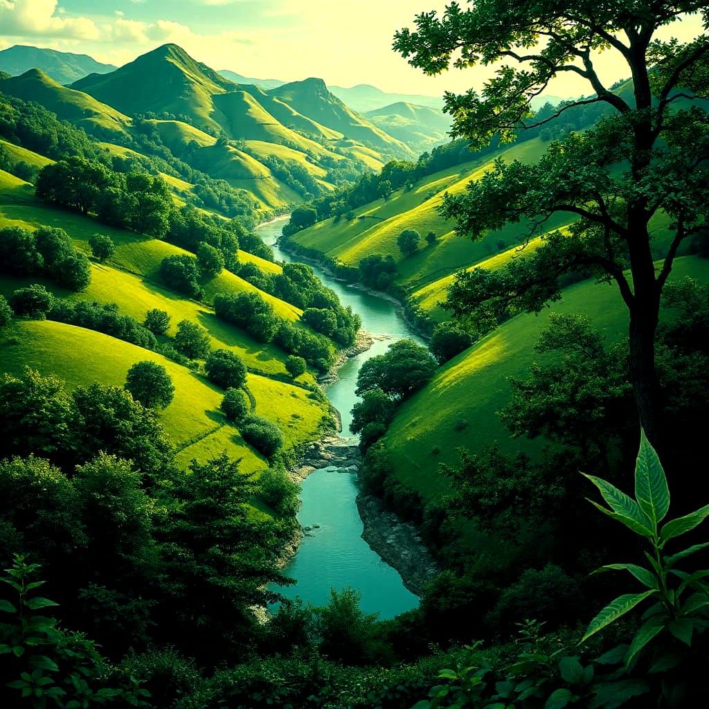 Lush Green Hills and Rivers in Art Nouveau Style