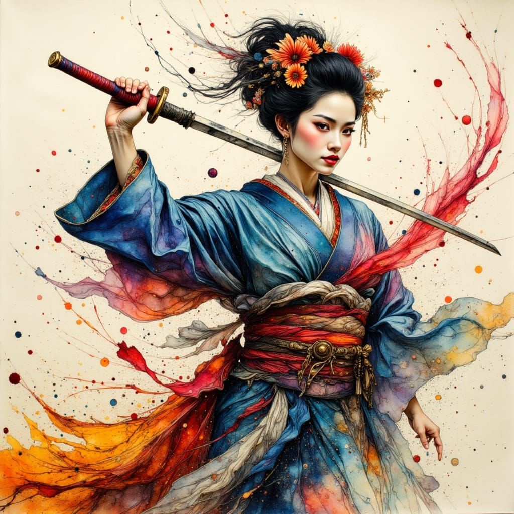 Geisha With Katana in Dynamic Ink Drawing Style