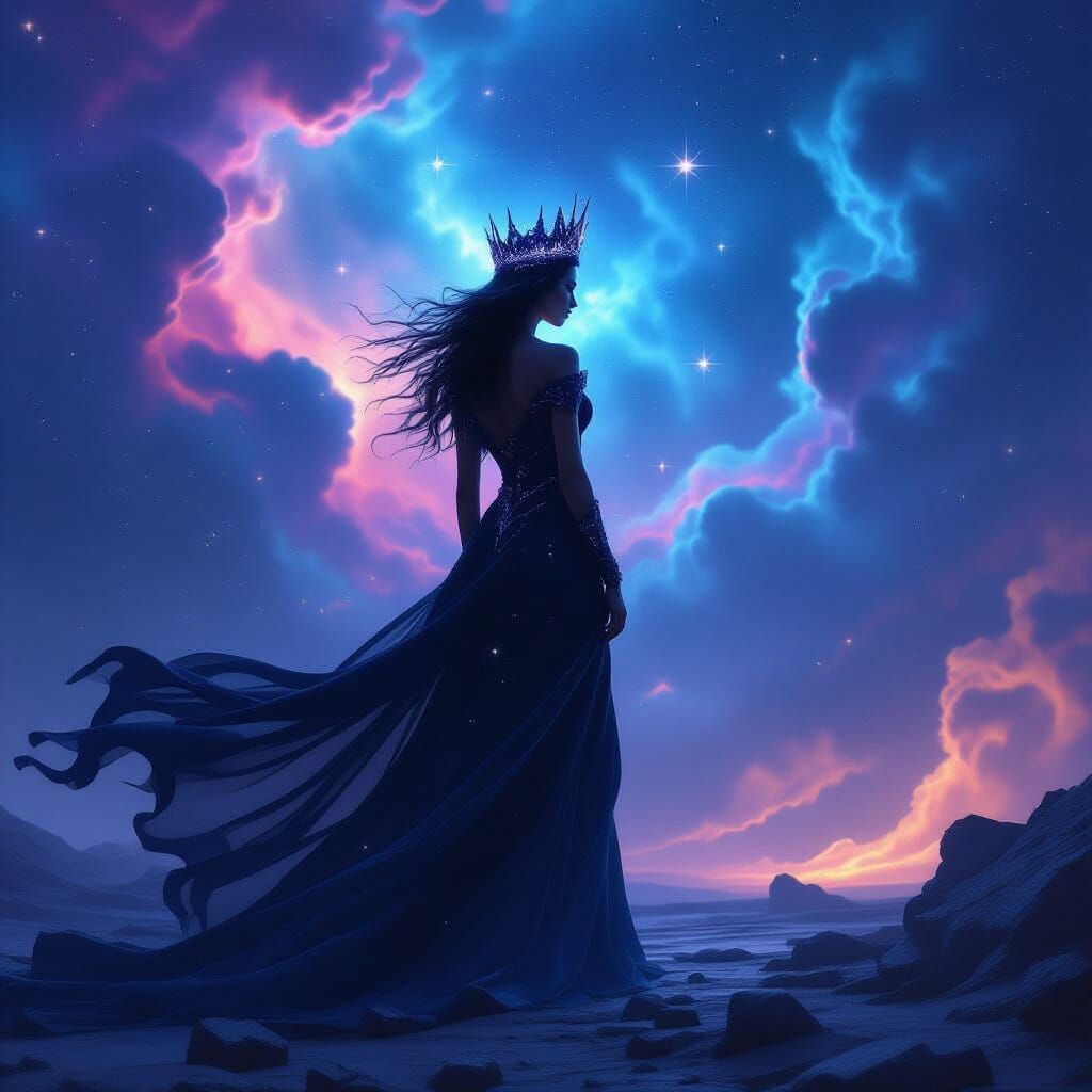 Cosmic Queen in Nebula: Starlight Crown and Dark Fantasy Art